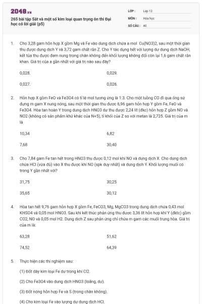 265 bài tập Sắt và một số kim loại quan trọng ôn thi Đại học có lời giải (p5)