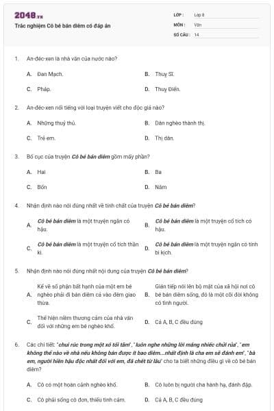 Trắc nghiệm Cô bé bán diêm có đáp án