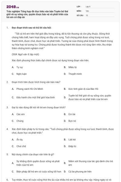Trắc nghiệm Tổng hợp đề đọc hiểu văn bản Tuyên bố thế giới về sự sống còn, quyền được bảo vệ và phát triển của trẻ em có đáp án