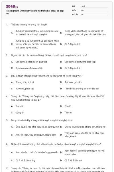 Trắc nghiệm Lý thuyết về xưng hô trong hội thoại có đáp án
