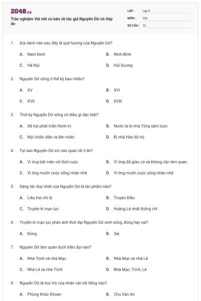 Trắc nghiệm Vài nét cơ bản về tác giả Nguyễn Dữ có đáp án