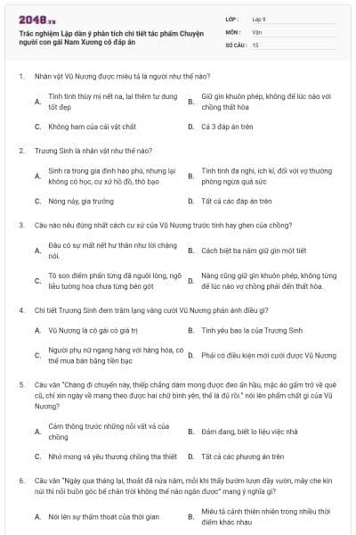 Trắc nghiệm Lập dàn ý phân tích chi tiết tác phẩm Chuyện người con gái Nam Xương có đáp án