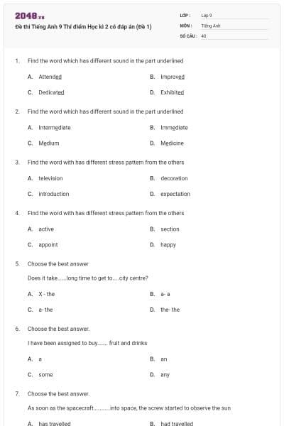 Đề thi Tiếng Anh 9 Thí điểm Học kì 2 có đáp án (Đề 1)