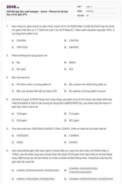 200 Bài tập Dẫn xuất halogen - Ancol - Phenol ôn thi Đại học có lời giải (P4)