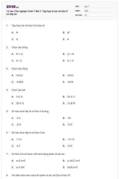 12 câu Trắc nghiệm Toán 7 Bài 1: Tập hợp Q các số hữu tỉ có đáp án