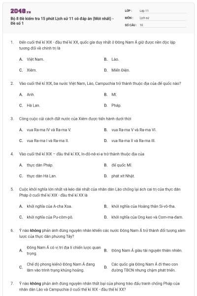 Bộ 8 Đề kiểm tra 15 phút Lịch sử 11 có đáp án (Mới nhất) - Đề số 1