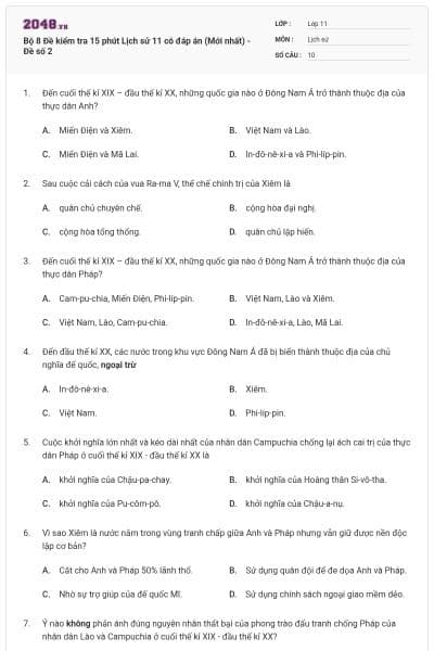 Bộ 8 Đề kiểm tra 15 phút Lịch sử 11 có đáp án (Mới nhất) - Đề số 2