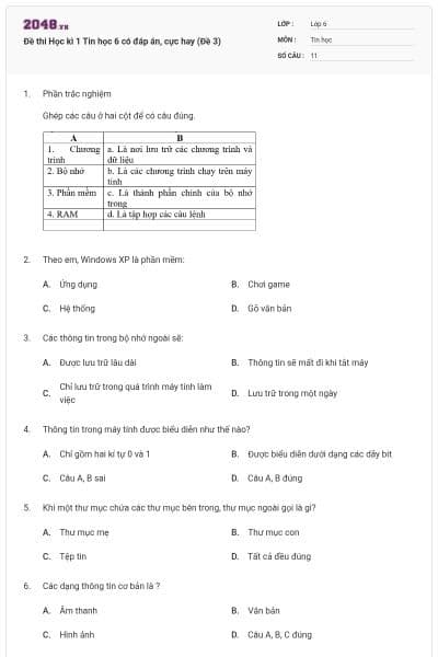 Đề thi Học kì 1 Tin học 6 có đáp án, cực hay (Đề 3)