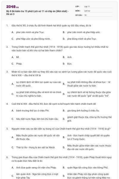 Bộ 8 Đề kiểm tra 15 phút Lịch sử 11 có đáp án (Mới nhất) - Đề số 3