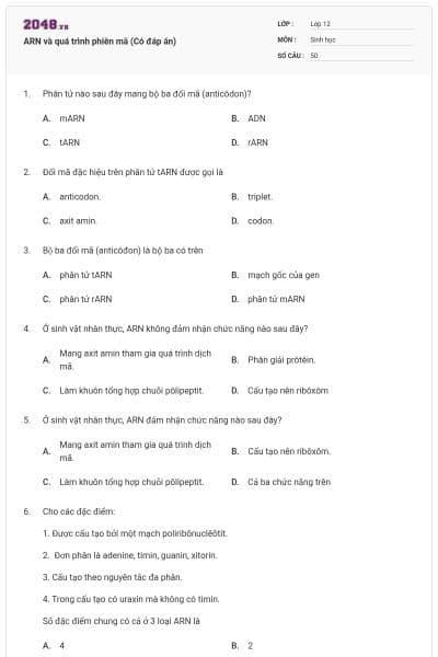ARN và quá trình phiên mã (Có đáp án)