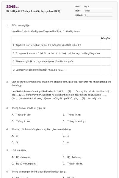 Đề thi Học kì 1 Tin học 6 có đáp án, cực hay (Đề 4)