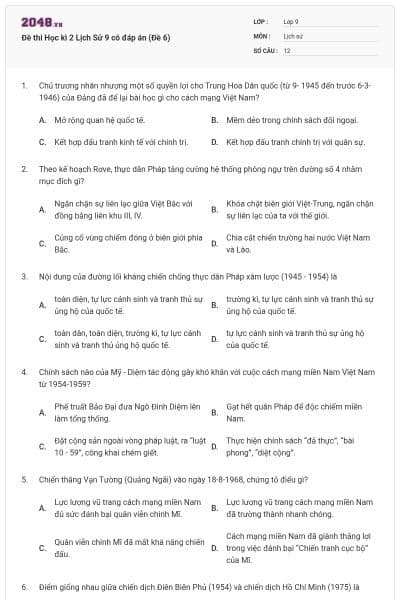 Đề thi Học kì 2 Lịch Sử 9 có đáp án (Đề 6)