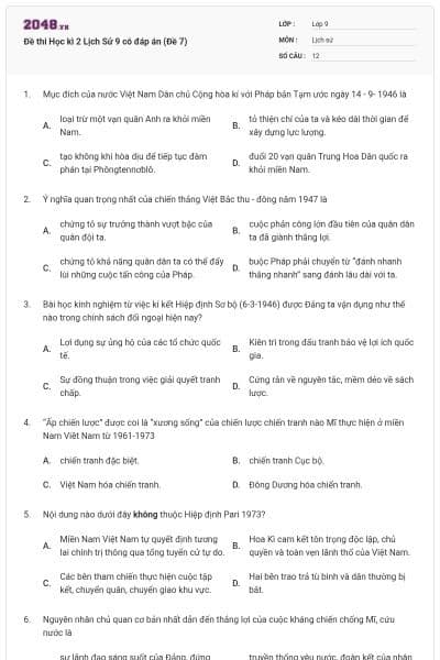 Đề thi Học kì 2 Lịch Sử 9 có đáp án (Đề 7)