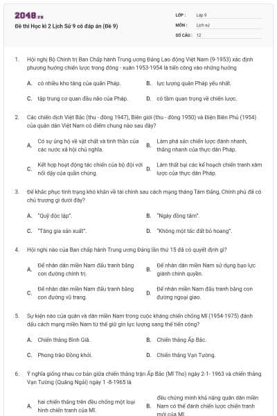 Đề thi Học kì 2 Lịch Sử 9 có đáp án (Đề 9)