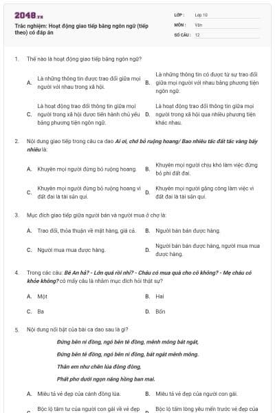 Trắc nghiệm: Hoạt động giao tiếp bằng ngôn ngữ (tiếp theo) có đáp án