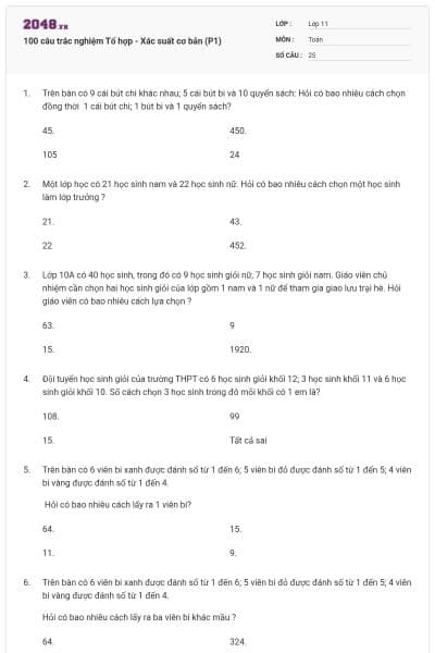 100 câu trắc nghiệm Tổ hợp - Xác suất cơ bản (P1)