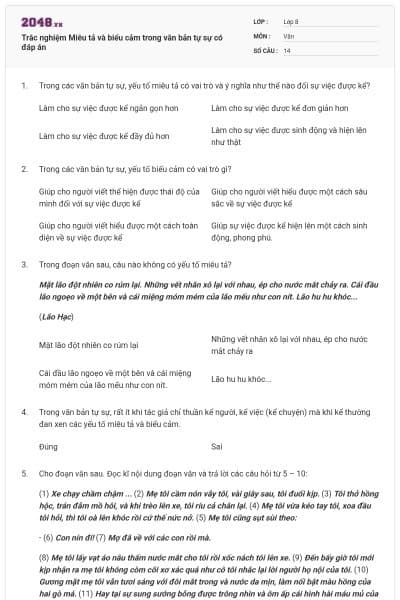 Trắc nghiệm Miêu tả và biểu cảm trong văn bản tự sự có đáp án