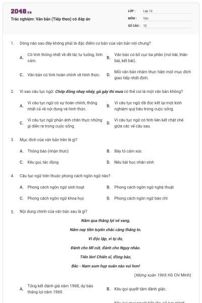 Trắc nghiệm: Văn bản (Tiếp theo) có đáp án