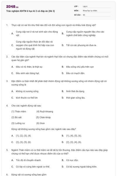 Trắc nghiệm KHTN 6 học kì 2 có đáp án (Đề 3)