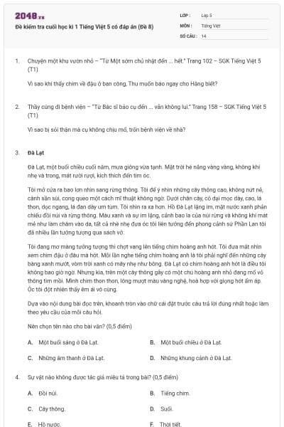 Đề kiểm tra cuối học kì 1 Tiếng Việt 5 có đáp án (Đề 8)