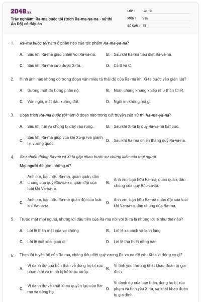 Trắc nghiệm: Ra-ma buộc tội (trích Ra-ma-ya-na - sử thi Ấn Độ) có đáp án