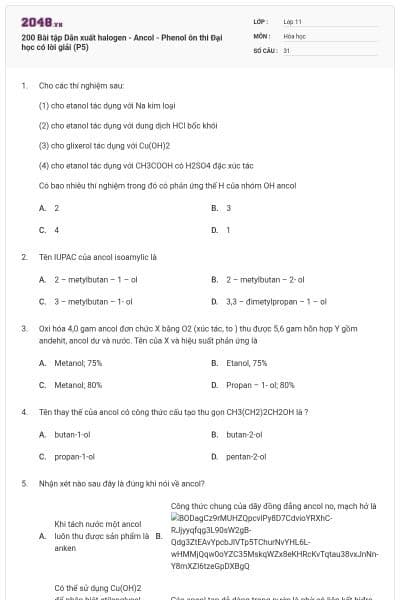 200 Bài tập Dẫn xuất halogen - Ancol - Phenol ôn thi Đại học có lời giải (P5)