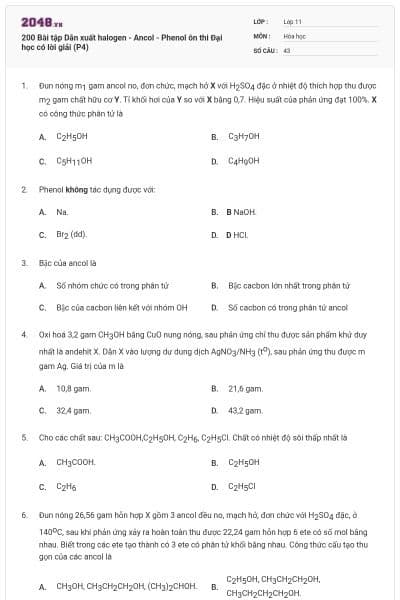 200 Bài tập Dẫn xuất halogen - Ancol - Phenol ôn thi Đại học có lời giải (P4)