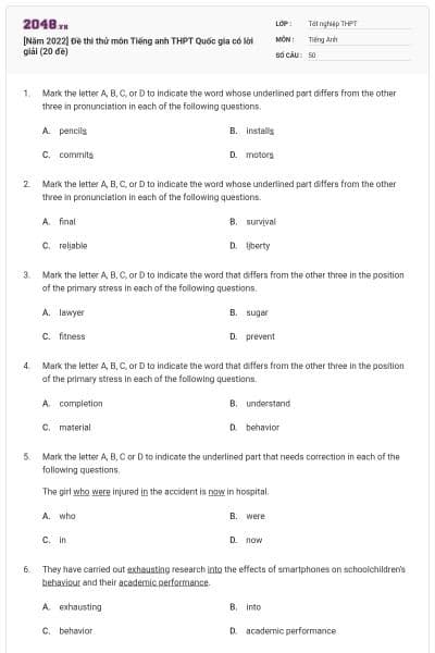 [Năm 2022] Đề thi thử môn Tiếng anh THPT Quốc gia có lời giải (20 đề)