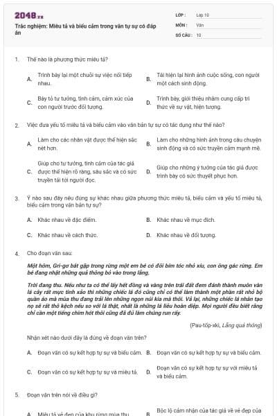 Trắc nghiệm: Miêu tả và biểu cảm trong văn tự sự có đáp án