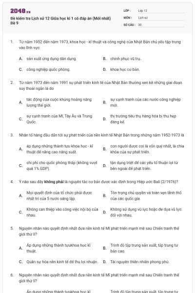 Đề kiểm tra Lịch sử 12 Giữa học kì 1 có đáp án (Mới nhất) Đề 9