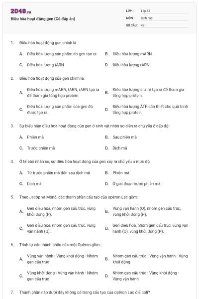 Điều hòa hoạt động gen (Có đáp án)