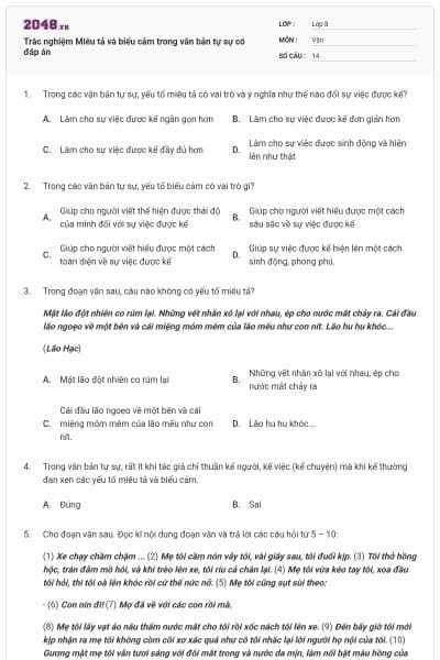 Trắc nghiệm Miêu tả và biểu cảm trong văn bản tự sự có đáp án