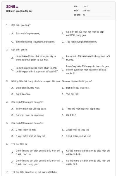 Đột biến gen (Có đáp án)
