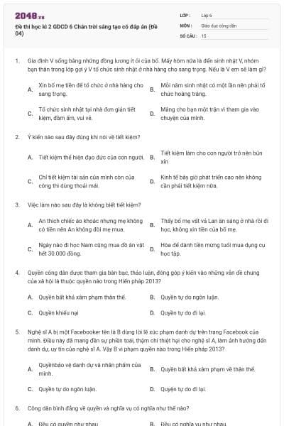 Đề thi học kì 2 GDCD 6 Chân trời sáng tạo có đáp án (Đề 04)