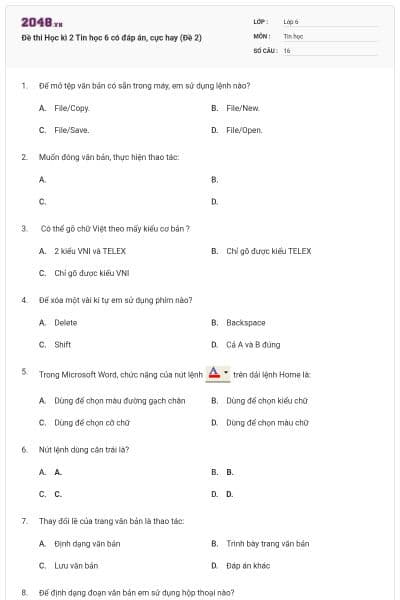 Đề thi Học kì 2 Tin học 6 có đáp án, cực hay (Đề 2)