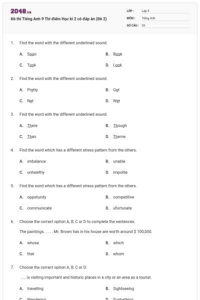 Đề thi Tiếng Anh 9 Thí điểm Học kì 2 có đáp án (Đề 2)