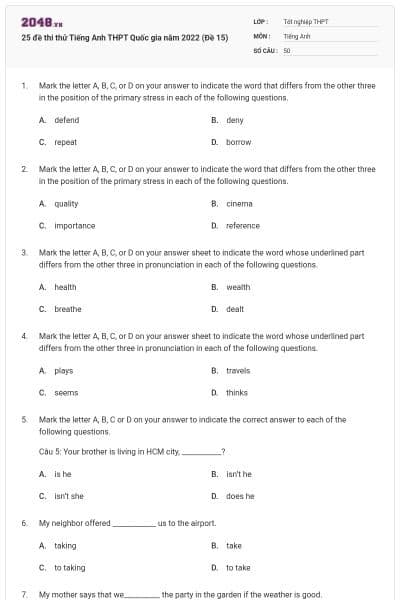 25 đề thi thử Tiếng Anh THPT Quốc gia năm 2022 (Đề 15)