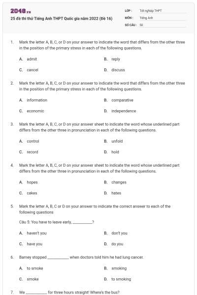 25 đề thi thử Tiếng Anh THPT Quốc gia năm 2022 (Đề 16)