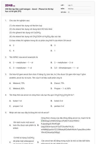 200 Bài tập Dẫn xuất halogen - Ancol - Phenol ôn thi Đại học có lời giải (P5)