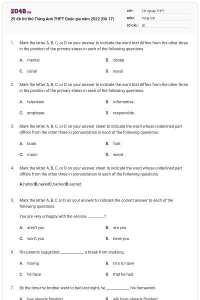 25 đề thi thử Tiếng Anh THPT Quốc gia năm 2022 (Đề 17)