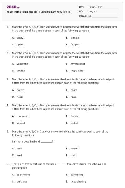 25 đề thi thử Tiếng Anh THPT Quốc gia năm 2022 (Đề 18)