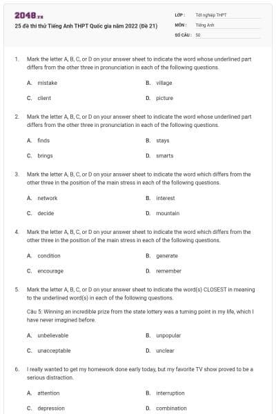 25 đề thi thử Tiếng Anh THPT Quốc gia năm 2022 (Đề 21)