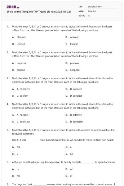 25 đề thi thử Tiếng Anh THPT Quốc gia năm 2022 (Đề 22)