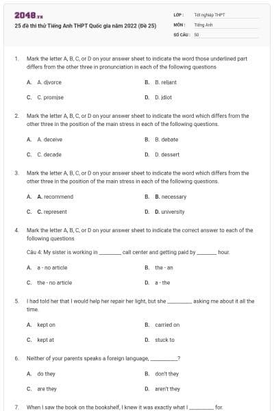 25 đề thi thử Tiếng Anh THPT Quốc gia năm 2022 (Đề 25)