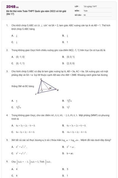 Đề thi thử môn Toán THPT Quốc gia năm 2022 có lời giải (Đề 17)