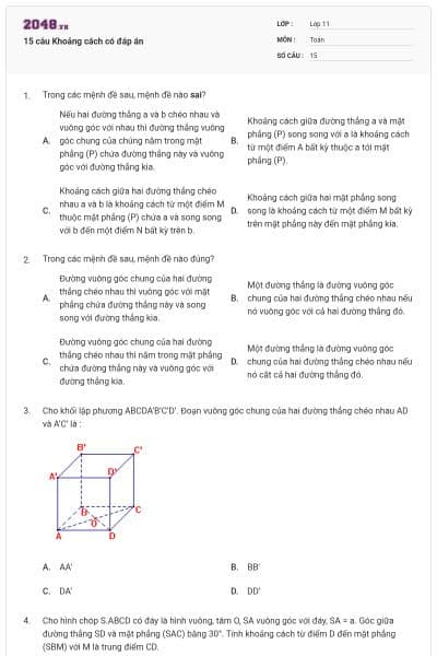 15 câu Khoảng cách có đáp án