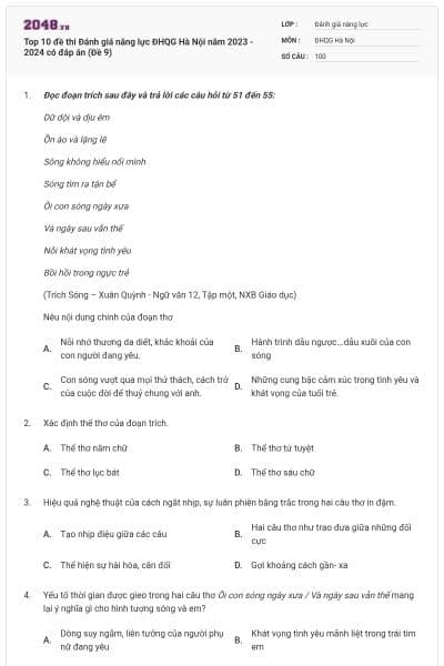 Top 10 đề thi Đánh giá năng lực ĐHQG Hà Nội năm 2023 - 2024 có đáp án (Đề 9)