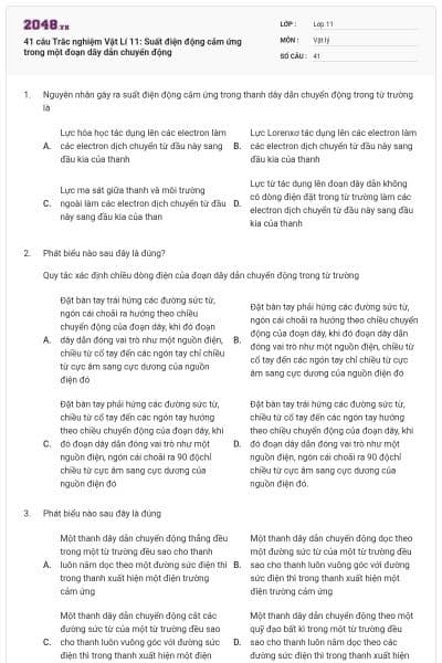 41 câu Trắc nghiệm Vật Lí 11: Suất điện động cảm ứng trong một đoạn dây dẫn chuyển động
