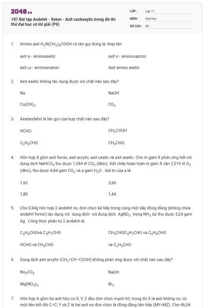187 Bài tập Andehit - Xeton - Axit cacboxylic trong đề thi thử đại học có lời giải (P6)