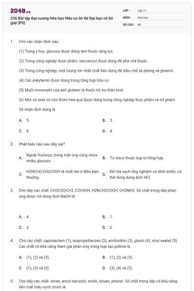 236 Bài tập Đại cương Hóa học Hữu cơ ôn thi Đại học có lời giải (P5)